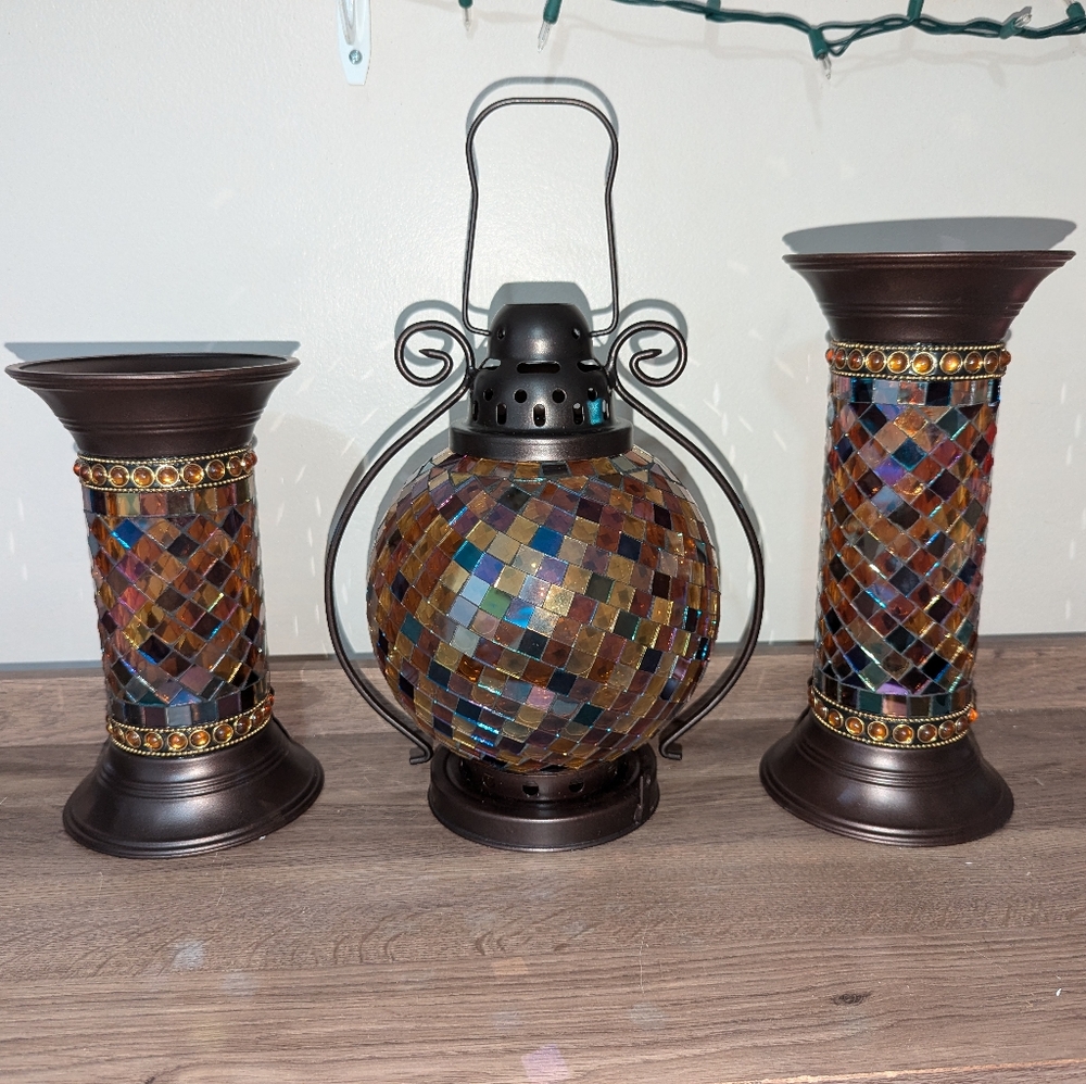 PartyLite Global Fusion Mosaic Pillar Columns and Lantern P9238